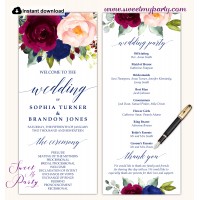 Burgundy Blush Navy Wedding Program template tea length, (151)